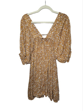 Millibon Mustard Yellow Floral Ditsy Boho Mini Dress Size Large NWT